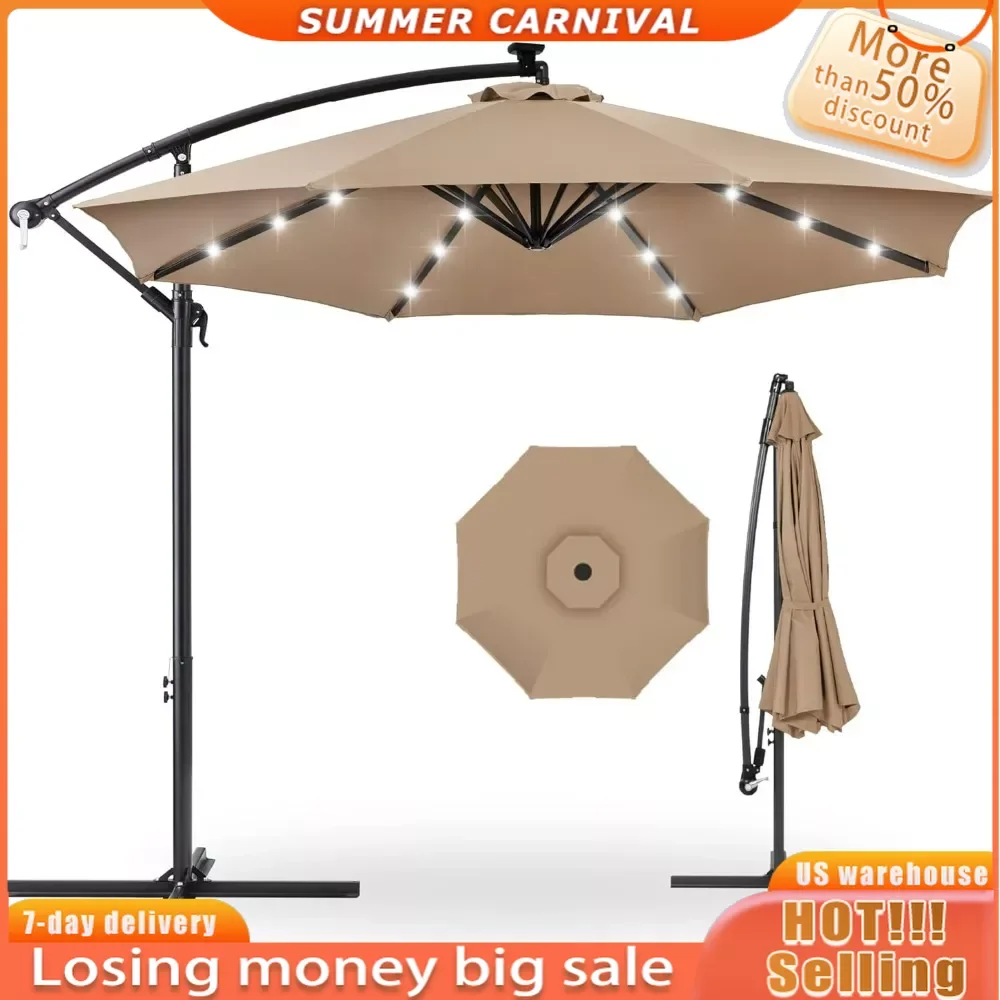 

Outdoor Umbrella for the Beach 10ft Solar LED Offset Hanging Market Patio Umbrella for Backyard Polyester Shade Poolside