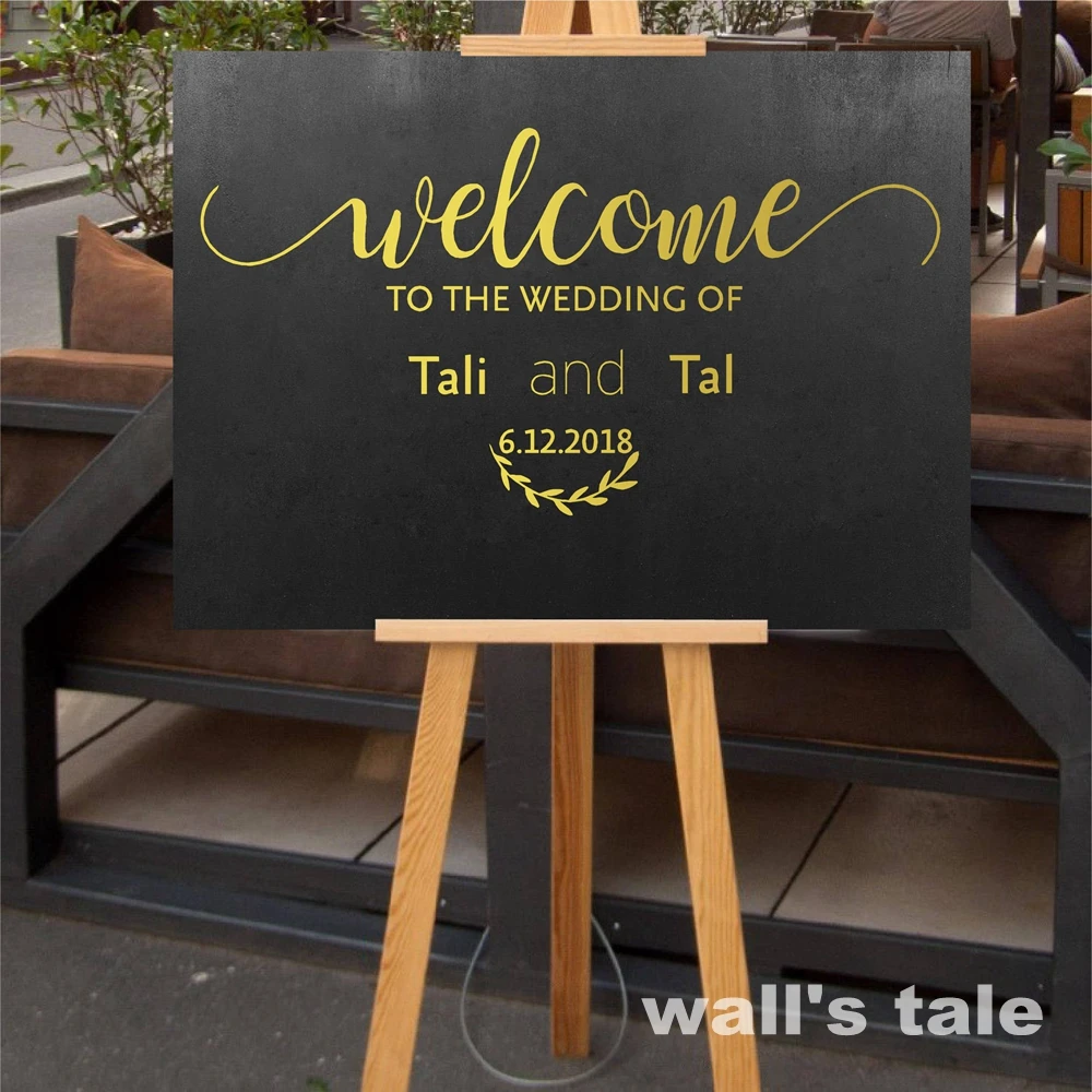 Wedding Welcome Sign Decal Rustic Wood Wedding Decor Bride and Groom Names Date Vinyl Sticker