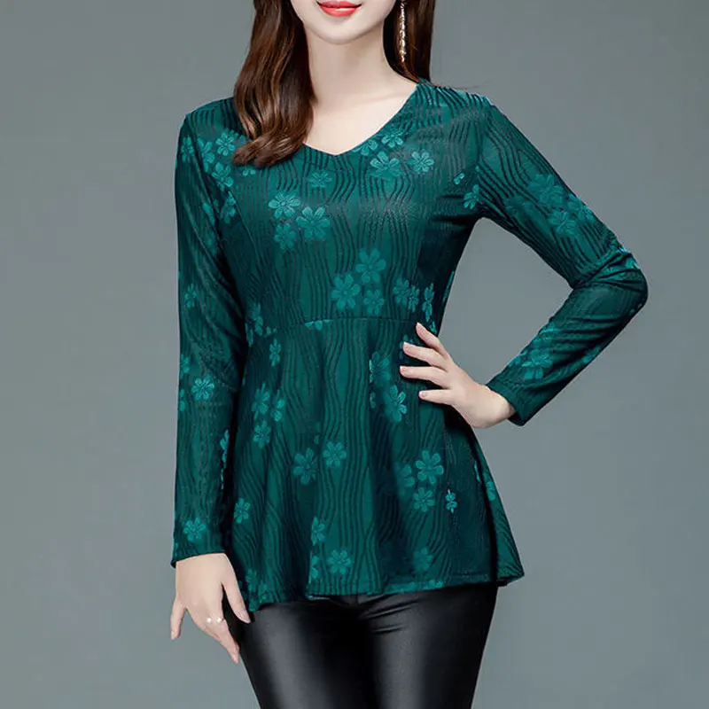 

Stylish Elegant V-Neck Blouse Casual Slim Waist Female Clothing Vintage Floral Printed Spring Autumn Commute Long Sleeve Shirt