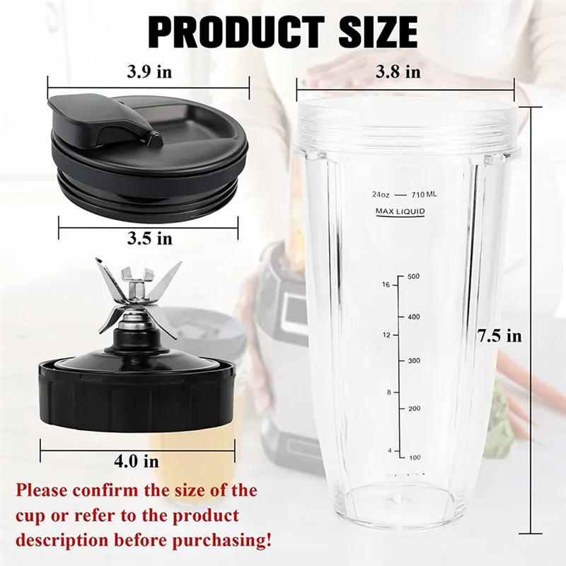 Replacement Blender Cups for Ninja BN801-24 Oz Bullet Cups with 7 Fins Blades Parts Fit Nutri Ninja BL480 BL482 BL642 HOT