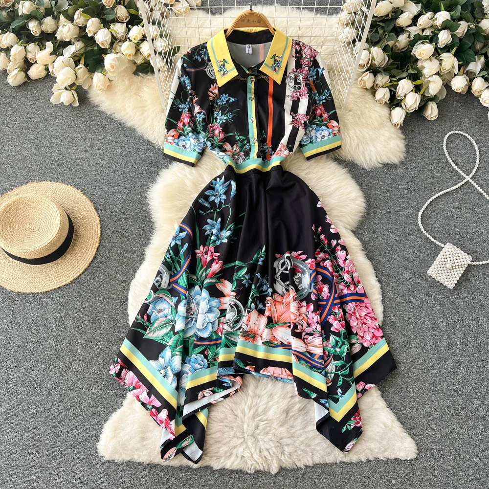 

Summer New European and American Style Fashion Printing Short-sleeved Shirt Dress Hem Irregular Mid-length Waist Dress