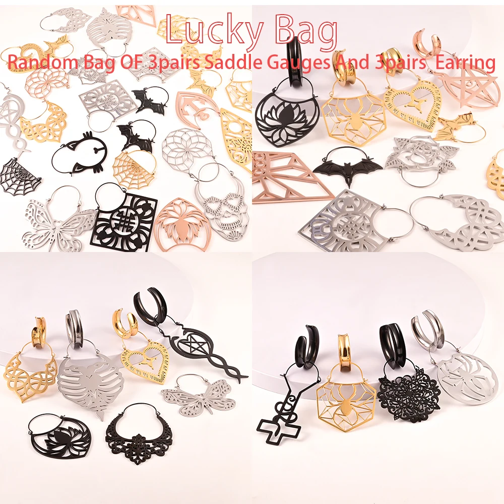 

Vankula Earring Saddle Plugs Tunnels Lot Random Bag Ear Plugs 6 Pairs Total (Includ 3 pairs Saddle Plugs And 3 pairs Earring)