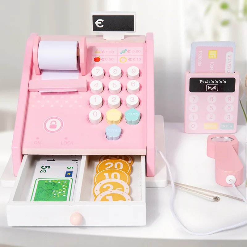 New Play House Toys Wooden Cash Register Toys Simulation Supermarket Checkout Counter Children Role-Play Girl Birthday Gift