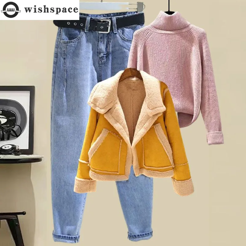 

Korean Popular Winter Cashmere Thickened Cashmere Jacket Knitted Sweater Casual Jeans Three Piece Elegant Women's Pant Sets