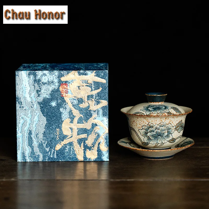 160ml Blue And White Flint Red Gaiwan Handmade Gold Drawing Peony Tea Tureen Tea Maker Cover Bowl Chinese Kung Fu Tea Set Craft