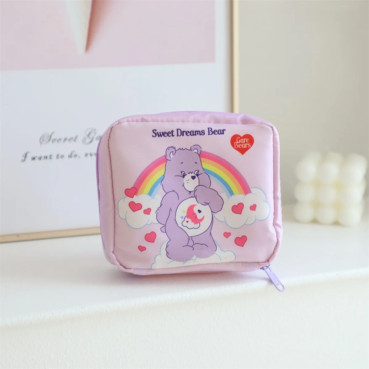 Care Bear Rainbow Bear Cartoon Makeup Bag Girls' Sanitary Napkin Storage Bag Love Bear Print Lipstick Storage Zipper Makeup Bag