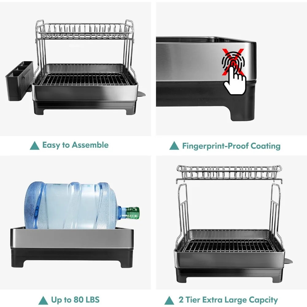 Dish Drying Rack,304 Stainless Steel 2 Tier Large Dish Rack and Drainboard Set w/ Drainage Spout,Dish Drainer w/ Utensil Holder 5