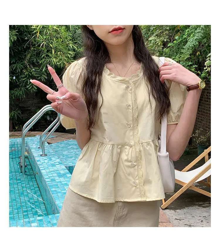Women Elegant Sweet Preppy Summer Top close-up fabric