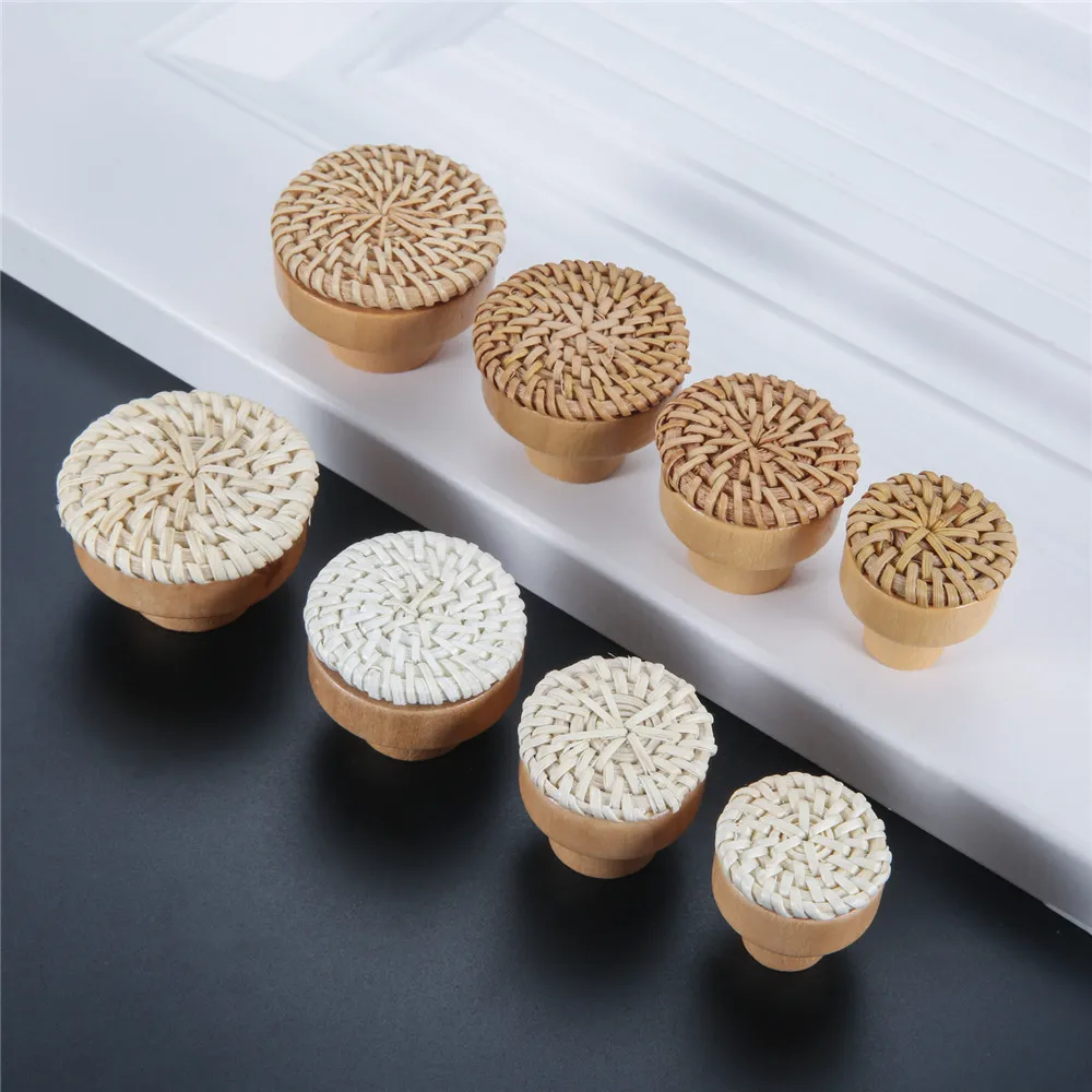 4pcs Rattan Knob w/screw Woven Wicker Round Wood Handle Furniture Pull 30/35/40/45mm Natural Eco-frinedly Exquisite White Coffee Furniture Knobs