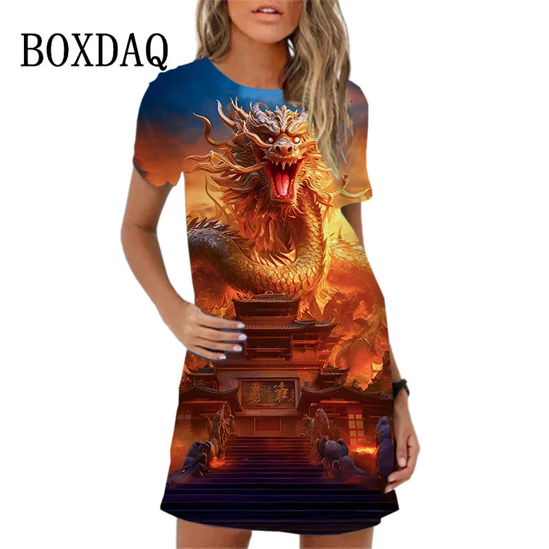Summer Cute Cartoon Print Dress Oversize Short Sleeve O-Neck Loose Mini Dress High Street Casual 3D Dragon Pattern Women Dresses