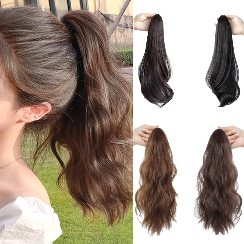 

18inch Short Wavy Claw Clip Ponytail Hair Extension for Women Synthetic Brown Natural Straight Heat Resistant False Hairpiece