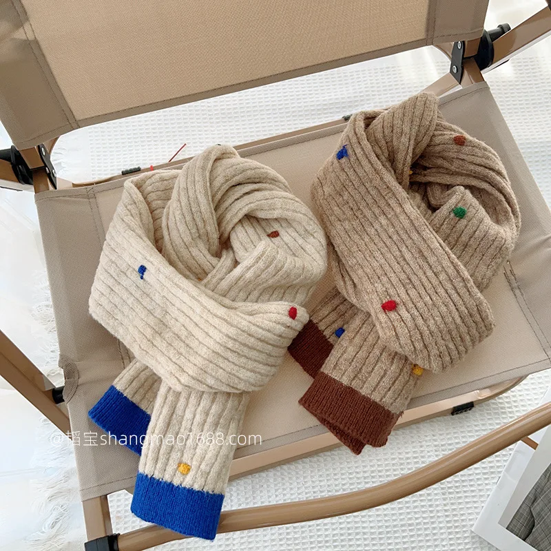 Color Dots Children Wool Knitted Scarf Students Advanced Sense Everything Bib Boys Girls Winter Baby Warm 24W015
