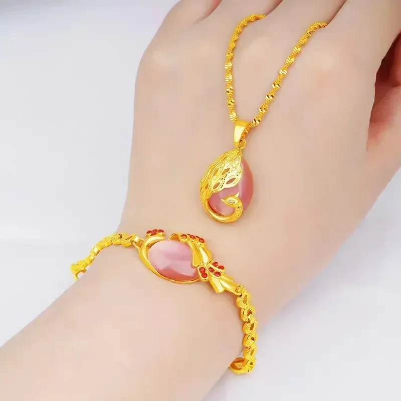 9999 Real 24K Yellow Gold Ladies' Necklace & Bracelet Set-Peacock Pendant with Cat's Eye, AU585 Gold Jewelry