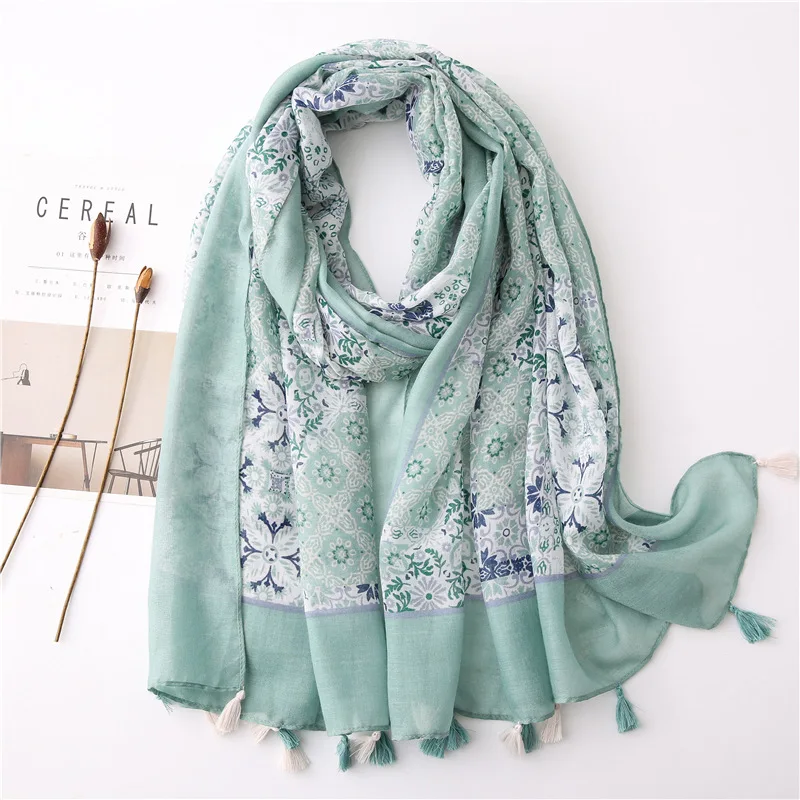 180*85cm Splicing Bohemian Cashews Printed Tassel Hijabs Women Shawls Cotton Muslim Head Wraps Large Size Fashion Head Scarves