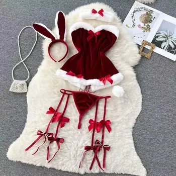 Sexy Bunny Rabbit Strapless Slim Fit Dress Sweet Bow Plush Erotic Lingerie Women Club Nightwear Pajamas Lace Up Red White Dress 1