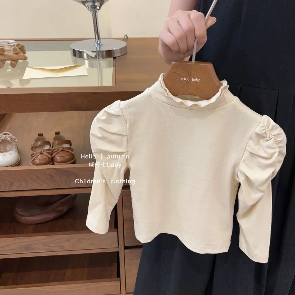 

New Girls' Solid Color Long Sleeve T-shirt Spring and Autumn Children's High Collar Cotton Bubble Sleeve Lace CollarTop