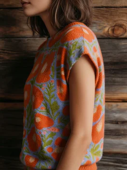 Women's Retro Poppy Flower Jacquard Knit Top, Casual Loose Short Sleeve Round Neck Knitted Blouse, Boho Floral Print Pullover Sweater Vest for Spring Summer Fall 3