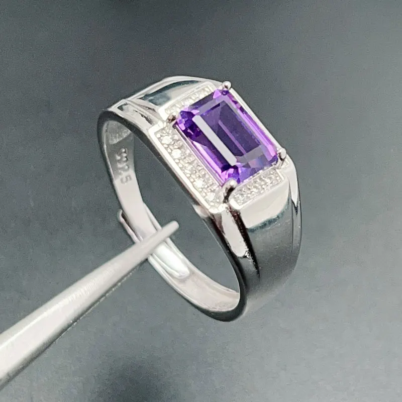 

Classic Sterling Silver Crystal Ring 6mm*8mm 1.2ct Natural Amethyst Ring 18K Gold Plated 925 Silver Amethyst Jewelry