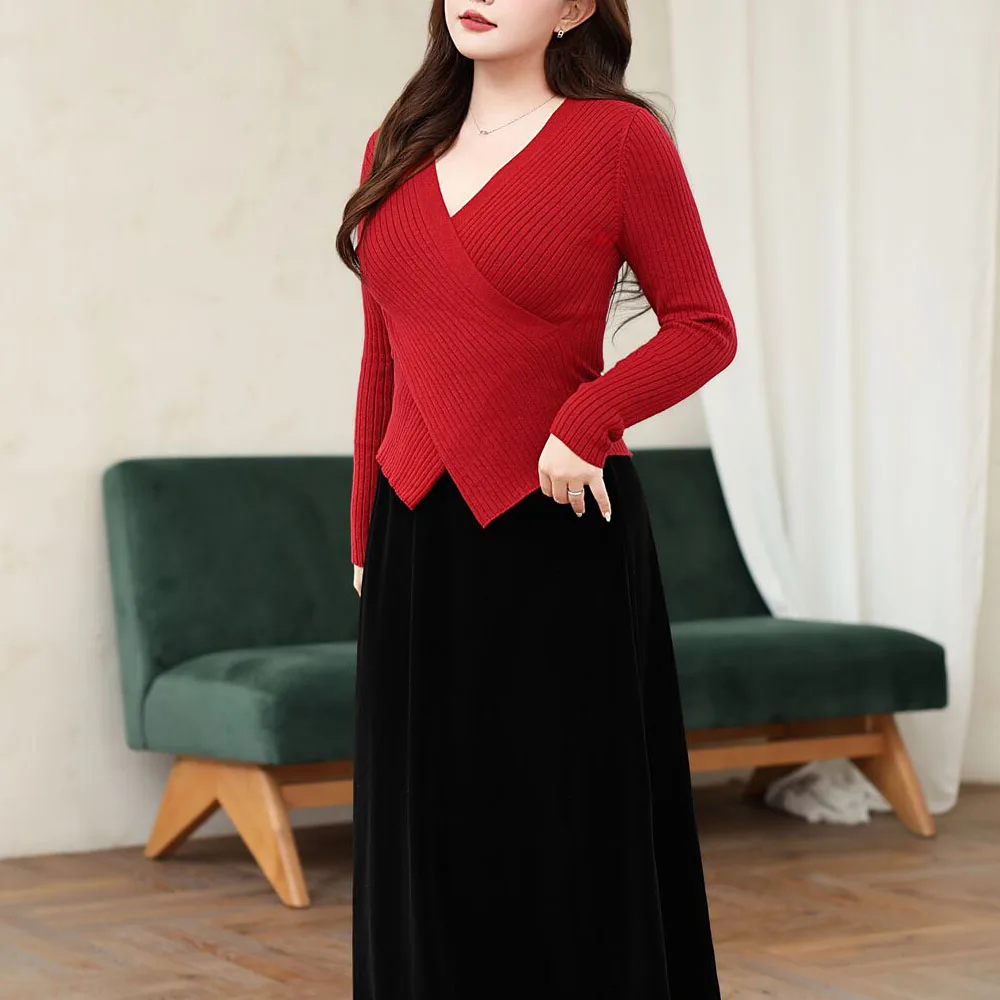 XXXXL Fashion Plus Size Women's Sweater Premium Cross V-Neck Knitted Pullover Gentle Sexy Slim Jumper Autumn Winter 8775