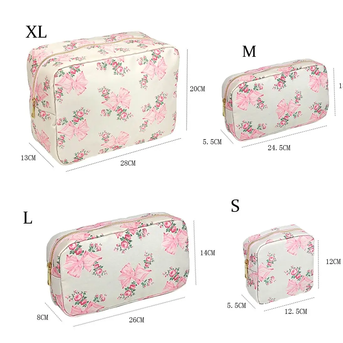 4 Sizes Cosmetic Bag Pink Blue Printed Bow Cosmetic Bag Waterproof Ladies Nylon Cosmetic Organizer S M L XL