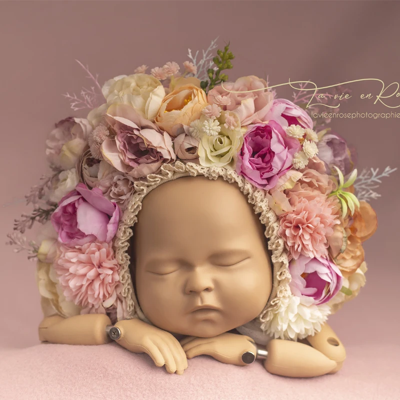 Knit Hat Baby Hat Newborn Floral Bonnet Knitted For Photography Photo Shoot Props