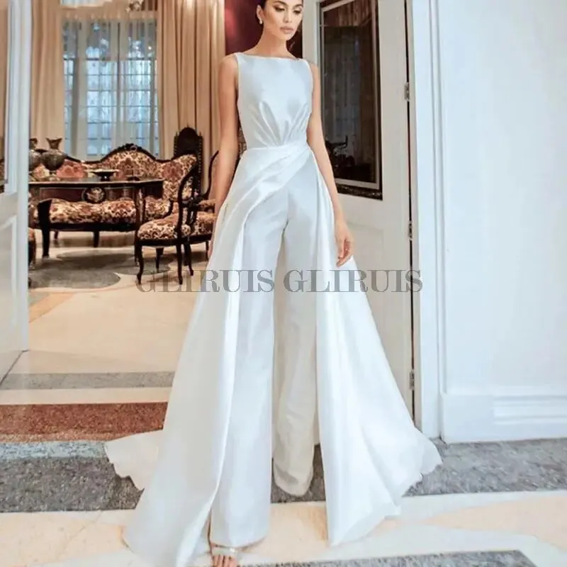 

Satin Jumpsuits Sleeveless Wedding Dress O-Neck Zipper Sweep Train Custom Made Bridal Gown High Quality Vestidos De Noiva