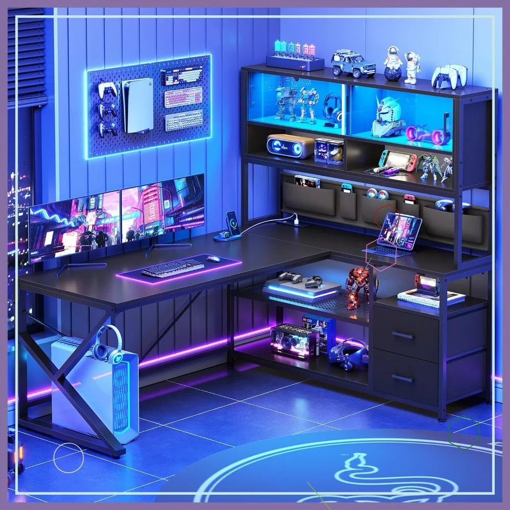 L Shaped Gaming Desk with LED Lights, Storage Shelves, Glass Cabinet & Power Outlets - Black Corner Computer Desk