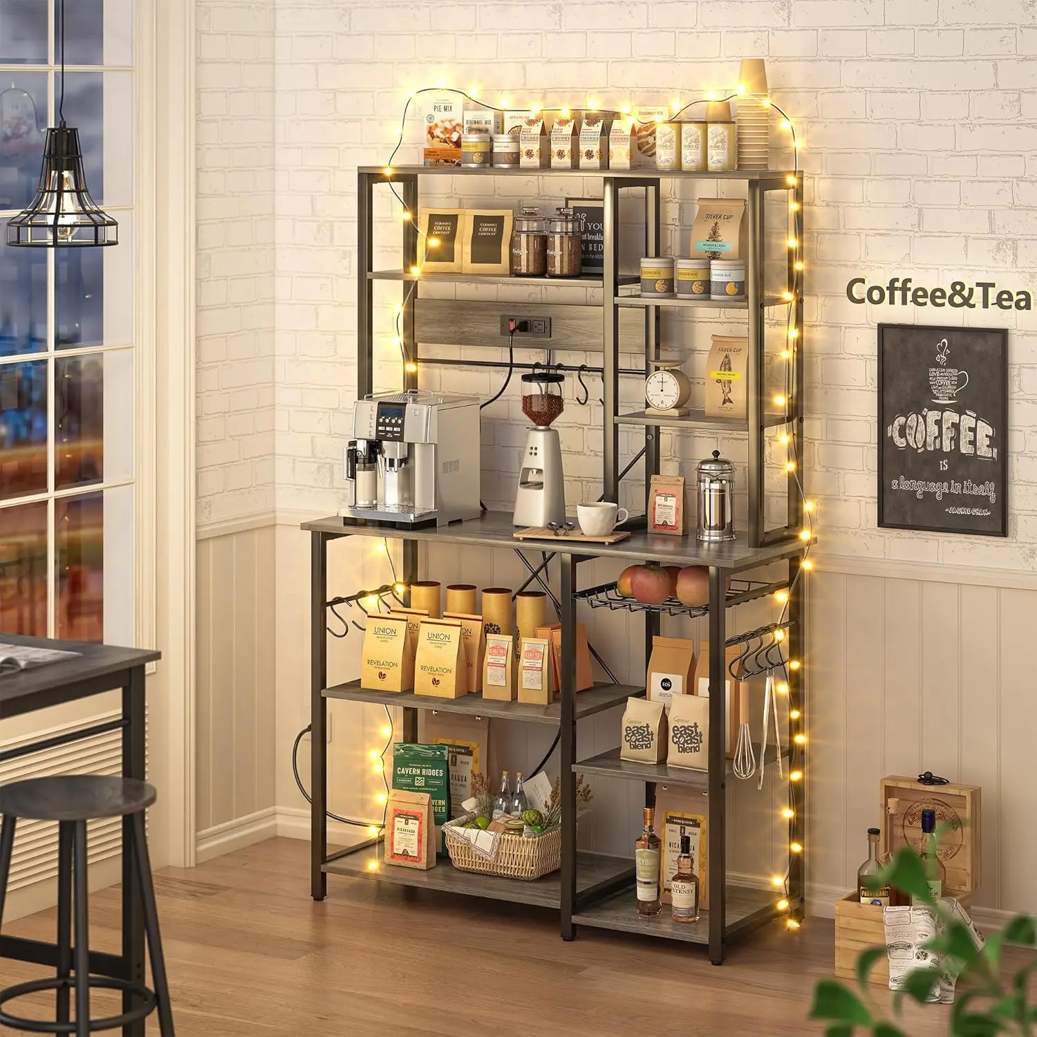 Bakers Rack with Power Outlets, 6-Tier Microwave Stand, Coffee Bar with 12 S-Shaped Hooks, Kitchen Shelf Wi