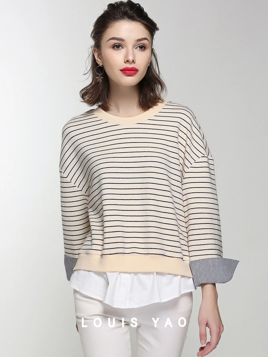 LOUIS YAO Women Patchwork Cuff Faux Two-Piece Sweatshirt 2023 Autumn Striped Drop-shoulder O-neck Long-sleeve Top shoulder arthroscopy instruments suture lasso suture passer rotator cuff arthroscopic