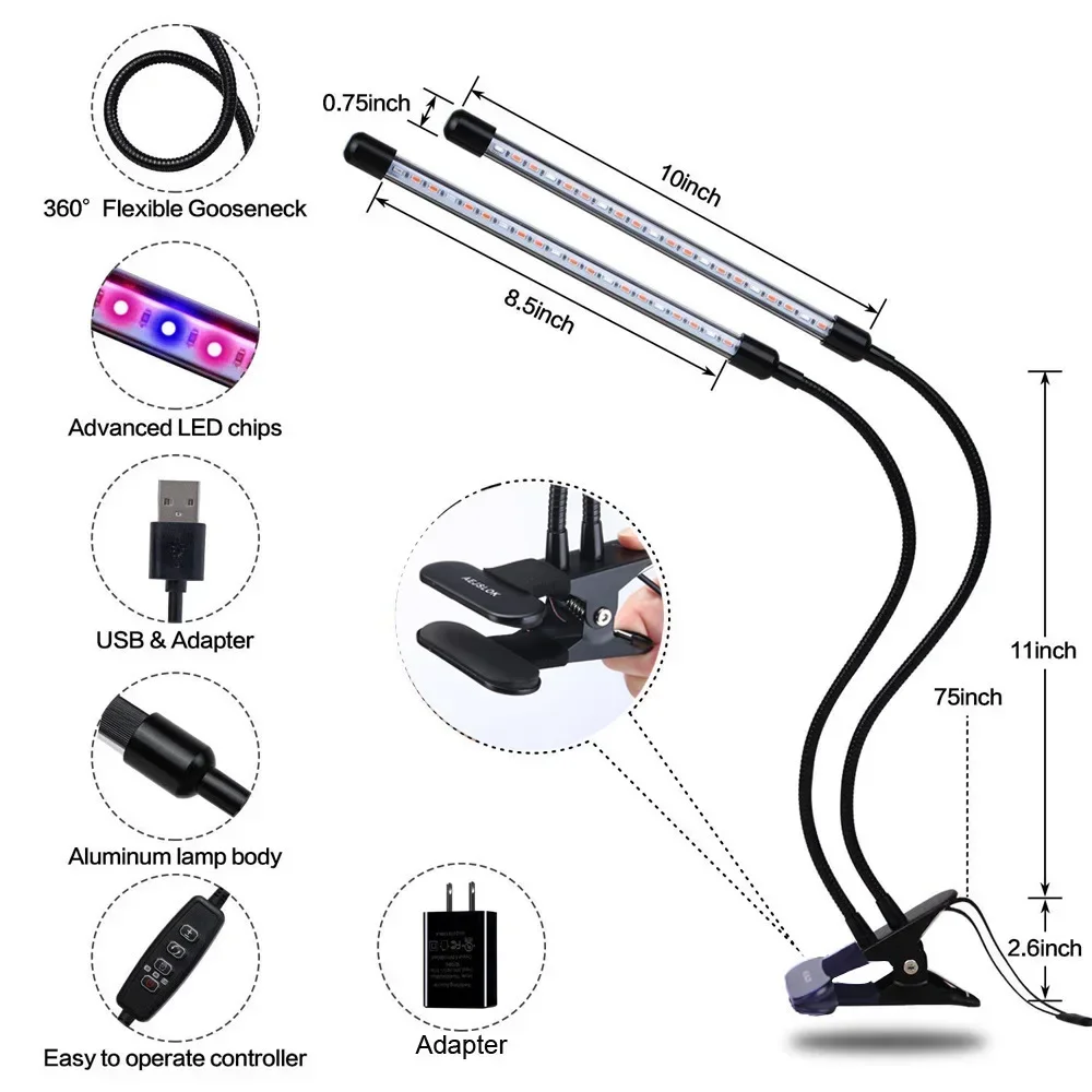 LED Grow Light for Indoor Plants, Plant Growing Light, Full Spectrum Clip, Adjustable Timer, 3, 6, 12 Hours