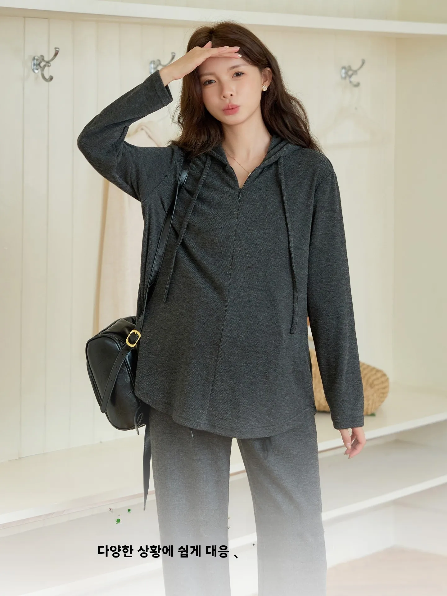 0월 패션 임산부 세트 양면 코튼 캐시미어 캐주얼 후드티 가디건 루즈 팬츠 투피스 한국 스타일 임산부복