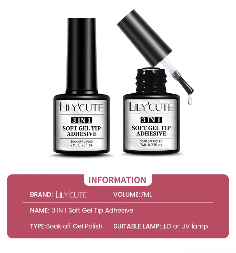 Description Picture 3 of itemLILYCUTE 7ML 3 IN 1 Clear Soft Gel Tip Adhesive Extension Function Glue Nail Polish Press On False Nails Long Lasting Manicure