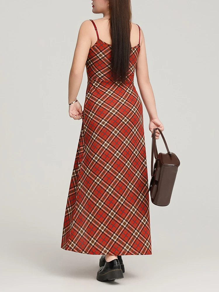 Spaghetti Strap Red Plaid Dress Plus Size 2025 Autumn Sexy Slim Premium Knit Women Long Dress with 56cm Slit