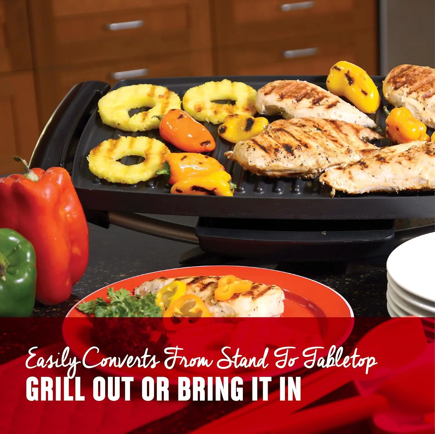 12-Serving Indoor/Outdoor Rectangular Electric Grill, Red, GFO201R 3