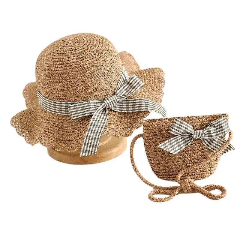 

XEONGKVI 2022 Korean Grid Bowknot Parent-Child Sun Hats Bag Set Spring Summer Brand Wide Brim Beach Straw Hat For Women Girl