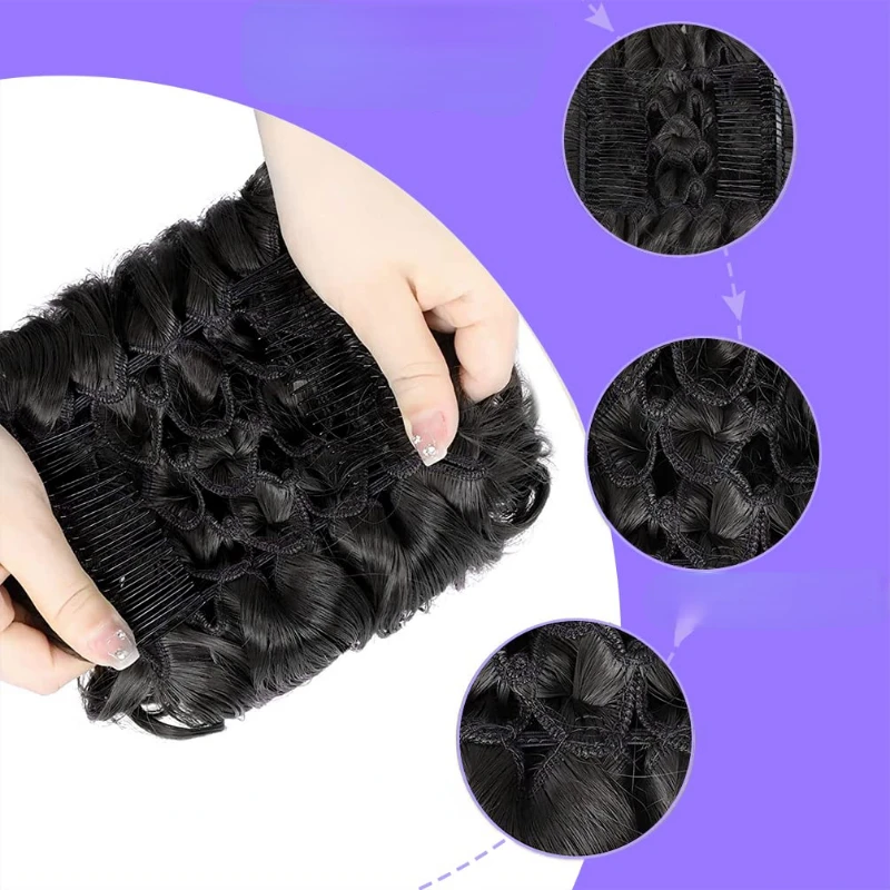 short disheveled curly bun hair extension with easy to stretch comb trayponytail braid for women and girls