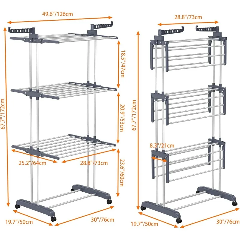 Clothes Drying Rack, Oversized 4-Tier(67.7" High) Foldable Stainless Steel Drying Rack Clothing, Movable Drying 6
