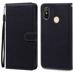 Leather Wallet Flip Cover - Soft TPU Protective Case for Redmi Note 6 Pro (Black)