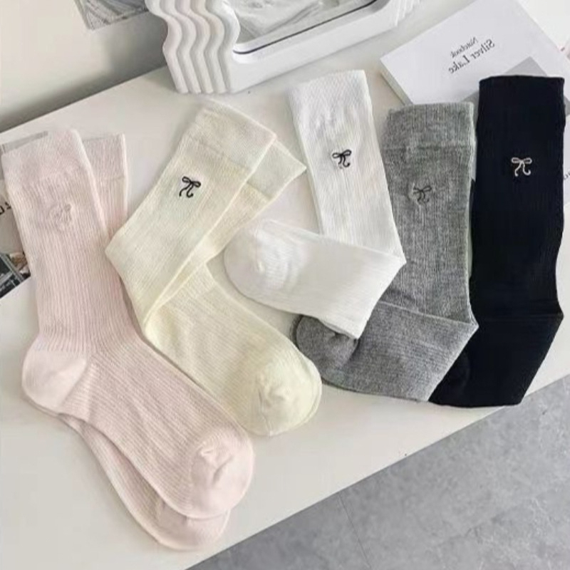 5 pairs Women's summer thin breathable mid tube socks butterfly bow long tube socks fashion elegant mesh stacking socks