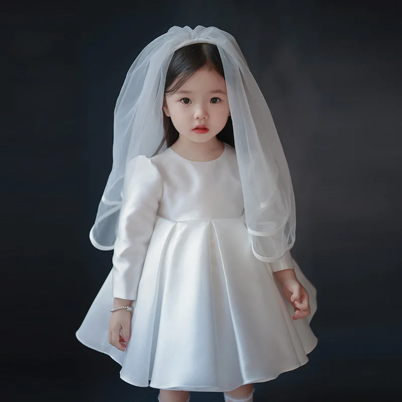 

White Small child bridesmaids dresses with veil for Little girls Kids Baby Birthday Children Costume Infant Gowns Party Wedding