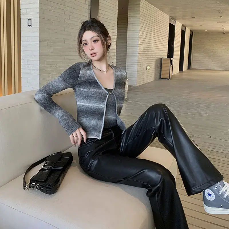 

2023 New Arrival Black PU Leather Pants Women High Waist Wide Leg Trousers Streetwear Y2k Women Clothing Aesthetic