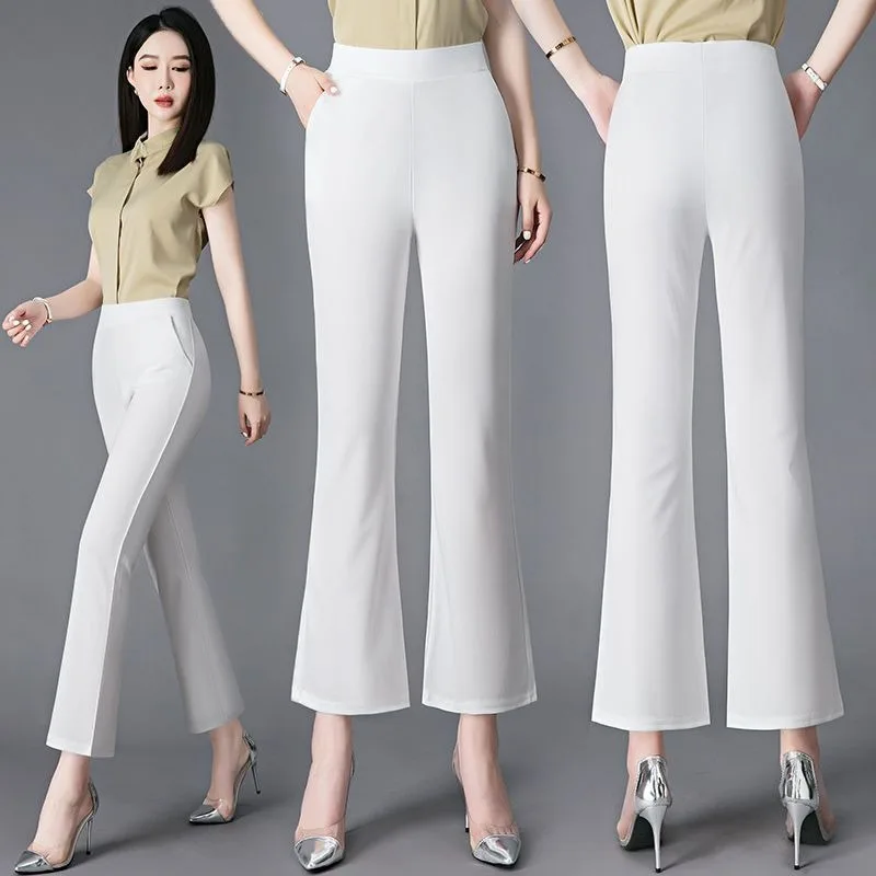 Korean Fashion Women Lace Chiffon Flare Pants Spring Summer Thin Slim High Waist Office Lady Elegant Solid Casual Trousers Y2k