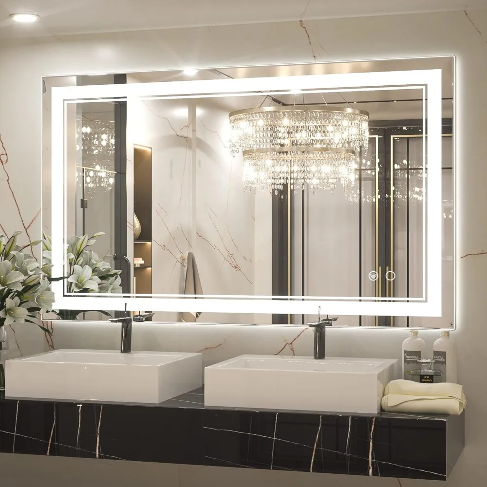 Bathroom mirror 40 x 24 inches with LED vanity mirror, wall mounted anti fog dimming front illuminated vanity mirror