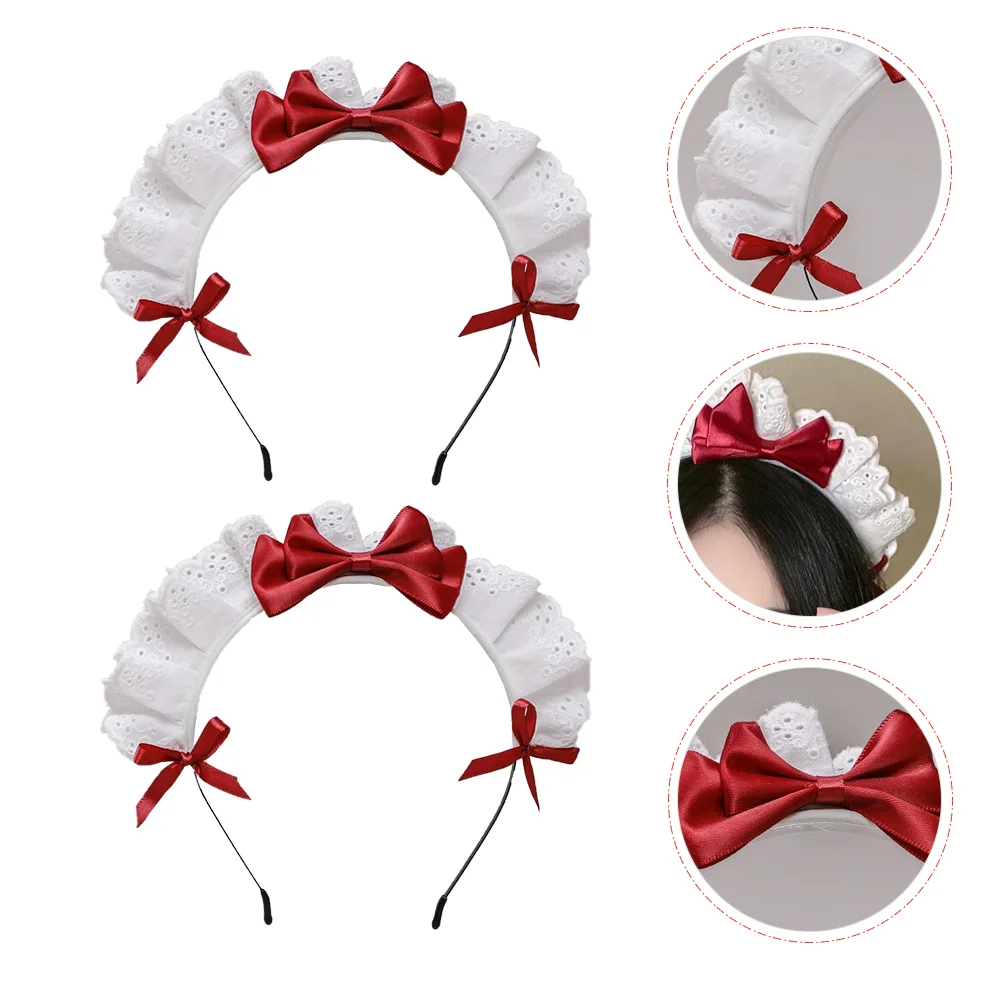 

2 Pcs Tiara Headband Girls Party Headdress Bows Headwear Hairhoops Lolita Cosplay Red Headpiece Miss