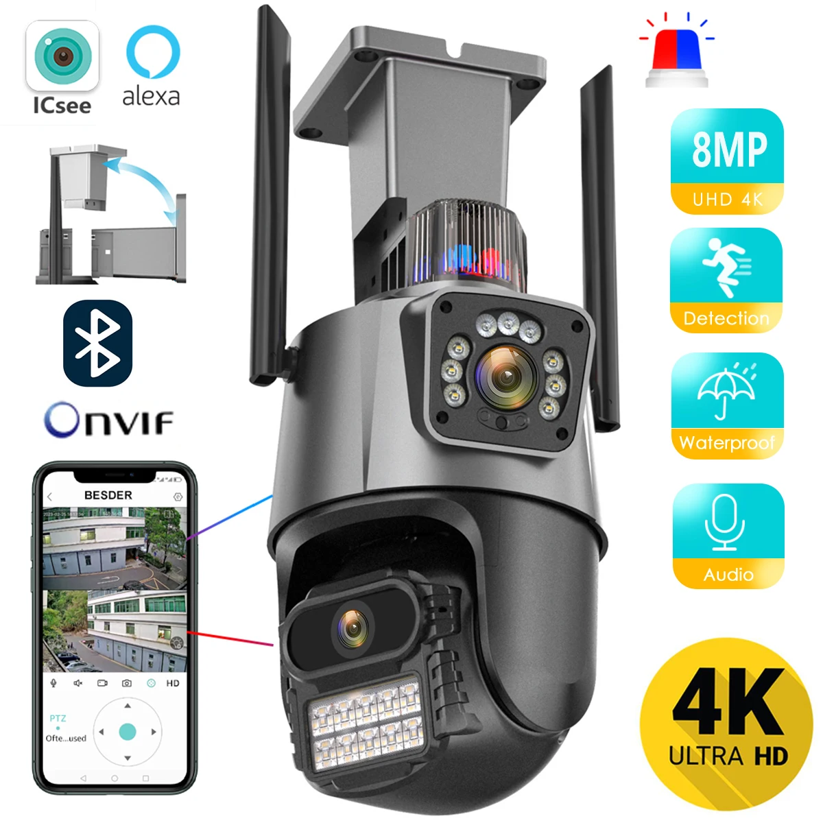 8MP 4K Wifi Camera Dual Lens Security Protection Waterproof Security CCTV  Video Surveillance Camera Police Light Alarm IP Camera - AliExpress