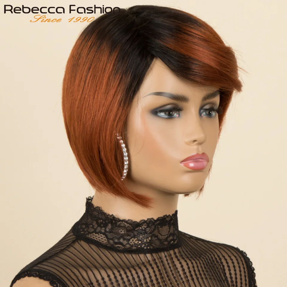 진저 T1B/350 숏 픽시컷 사이드 파트 스트레이트 밥 100% 인모 가발 여성용 브라질 레미 헤어 컬러 풀 머신 메이드