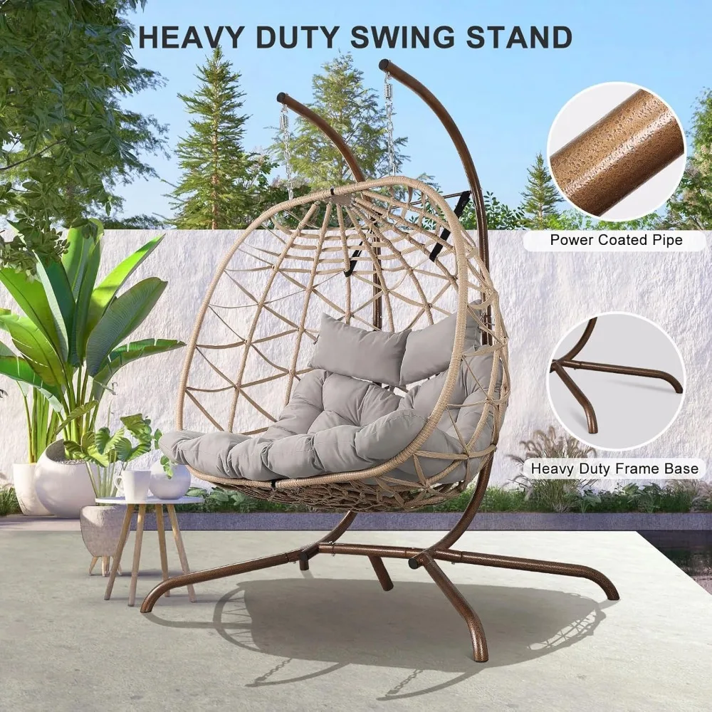 Outdoor Egg Swing Chair with Stand, 2 Person Patio Swing Chairs with Thick Cushions and Pillows,  for Indoor Bedroom 3