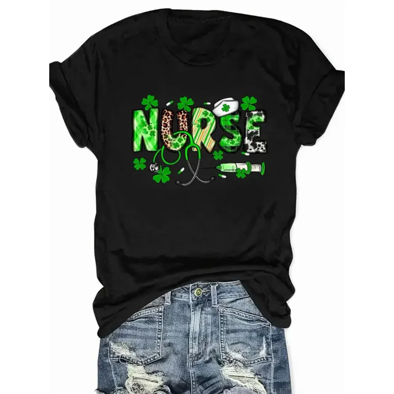 

St. Patrick's Day Nurse Print T-Shirt Casual Crew Neck Short Sleeve Top For Spring & Summer Women's Clothing