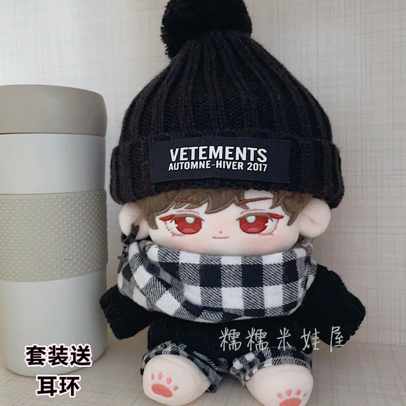 

20cm Plush Doll No Attribute Cool Handsome Black White Plaid Knitted Hat Sweater Clothes Costume Outfit Autumn Accessories