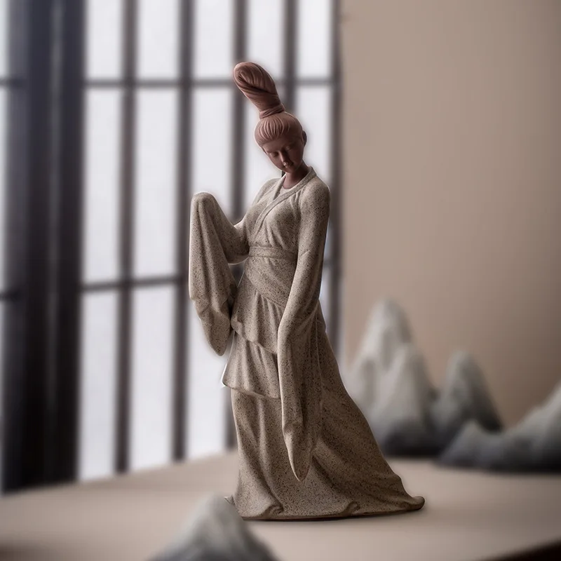 Zen Chinese Ancient Dancing Statue for Women, Beautiful Women Statues, Ceramic, Purple Sand, Tea Room Decorations, Gift